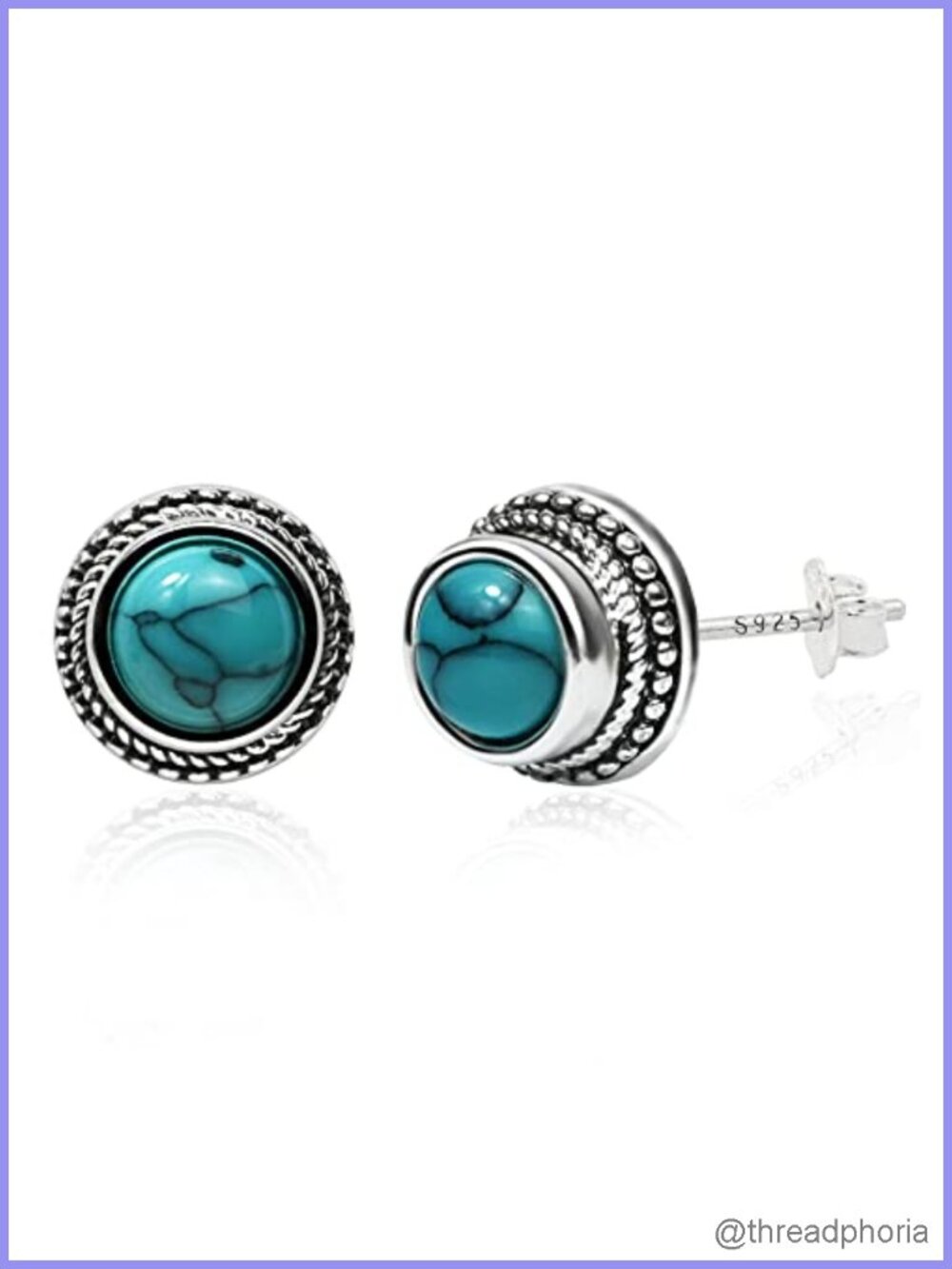 Tibetan Turquoise Earrings 925 Sterling Silver Post Stud Boho Gemstone